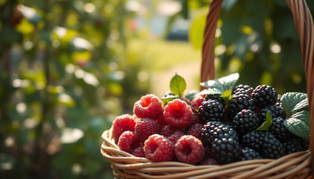 Erntekorb mit Himbeeren und Brombeeren