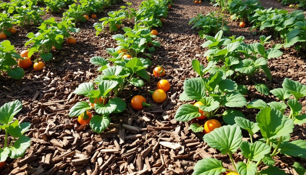 Vegetable garden mulched with wood chips