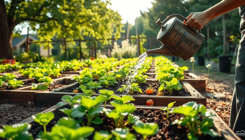 Watering a raised bed garden